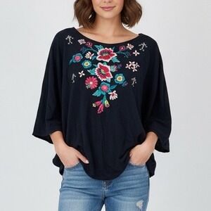 JW Los Angeles Johnny Was Black Embroidered Floral Birds Poncho Top Size S